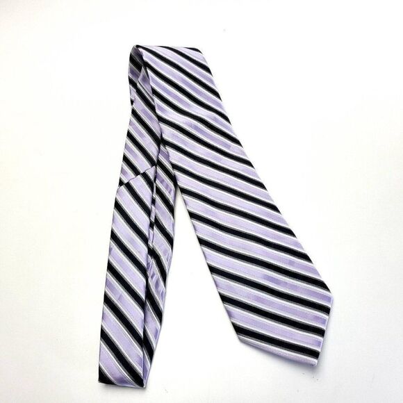 Laurant Bennet Milano Purple Black Striped Woven Microfiber Polyester Tie - Picture 6 of 6